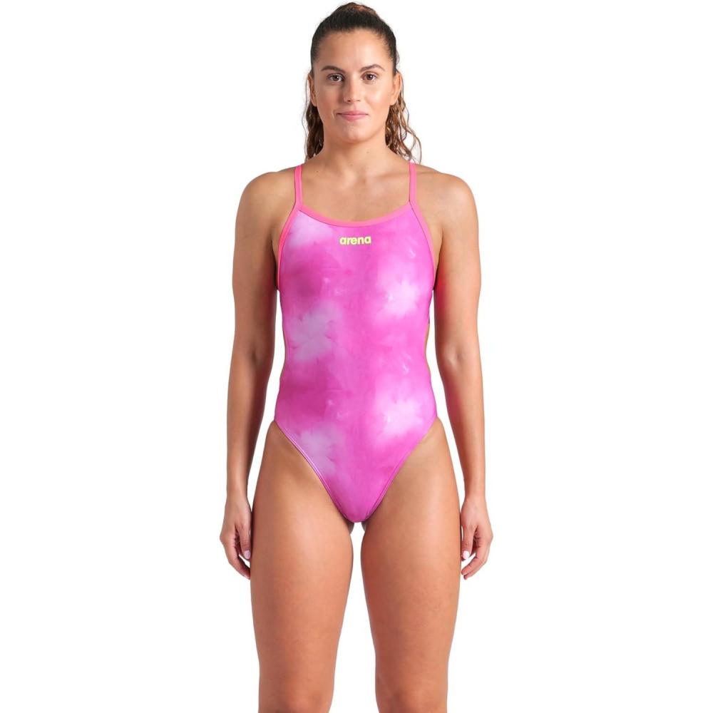 imageArena Womens Arena Womens Allover Tie Dye Challenge Back Athletic Sports One Piece SwimsuitShocking Pink Multi