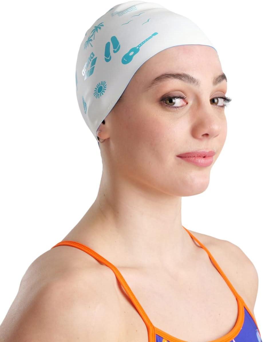 imageArena Unisex Adult Reversible Swim Cap Men and Women 2in1 Durable Silicone Bathing Cap Waterproof Comfortable Fit One SizeBeach Vibes