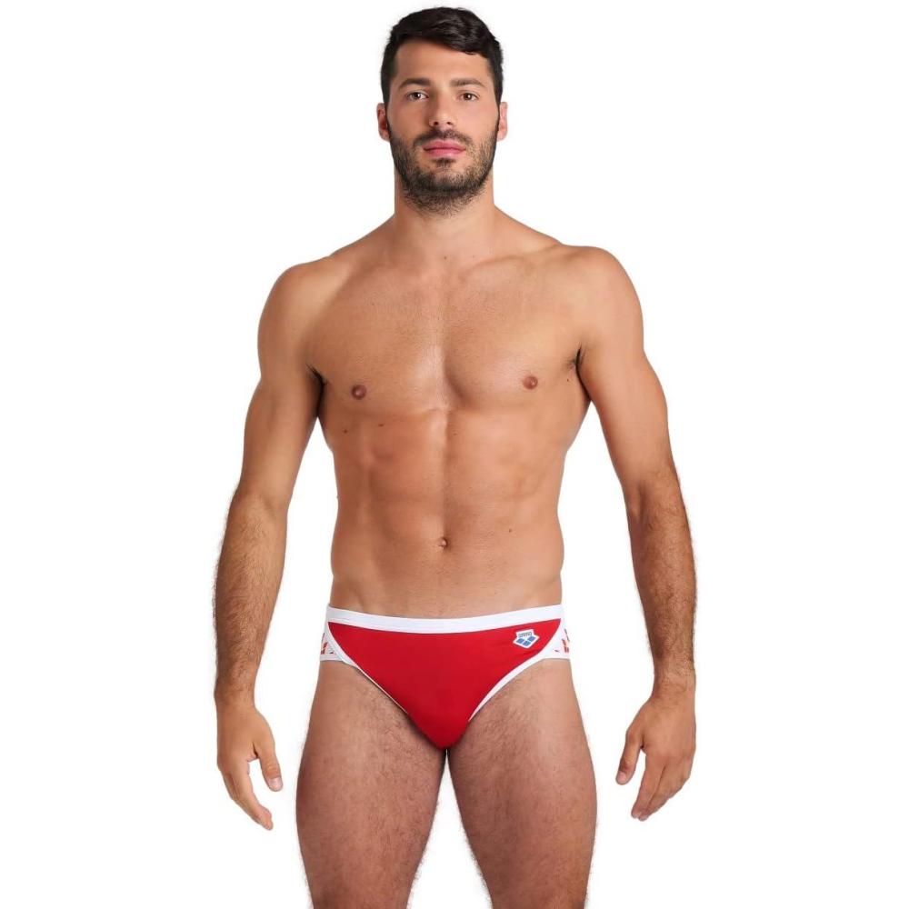 imageARENA Mens Icons Solid Swim Briefs Professional Training Swimsuit Sports TrunkRedWhite Logo