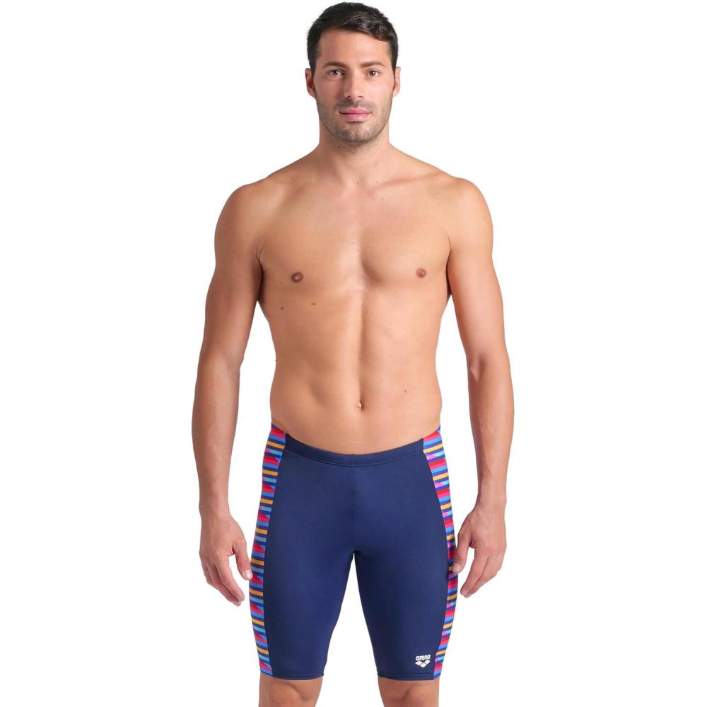 imageArena Mens Arena Performance Mens Racing Stripe Swim Jammer KneeLength Training Bathing SuitNavyMulti