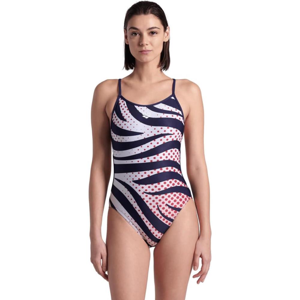imageArena Womens Arena Performance Womens Multi Stripes Lace Back SwimsuitNavyWhite Multi Red