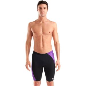 Arena Men’s Performance Ribbed Swim Jammer Sports Shorts Training Bathing Suit(Black/Multi Purple)