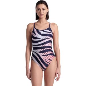 Arena Womens Arena Performance Women’s Multi Stripes Lace Back Swimsuit(Navy/White Multi Red)