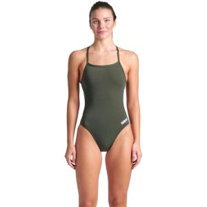Arena Womens Solid Team Swimsuit Challenge Back MaxLife Open Back Bathing Suit Athletic Swimwear(Dark Sage/White)
