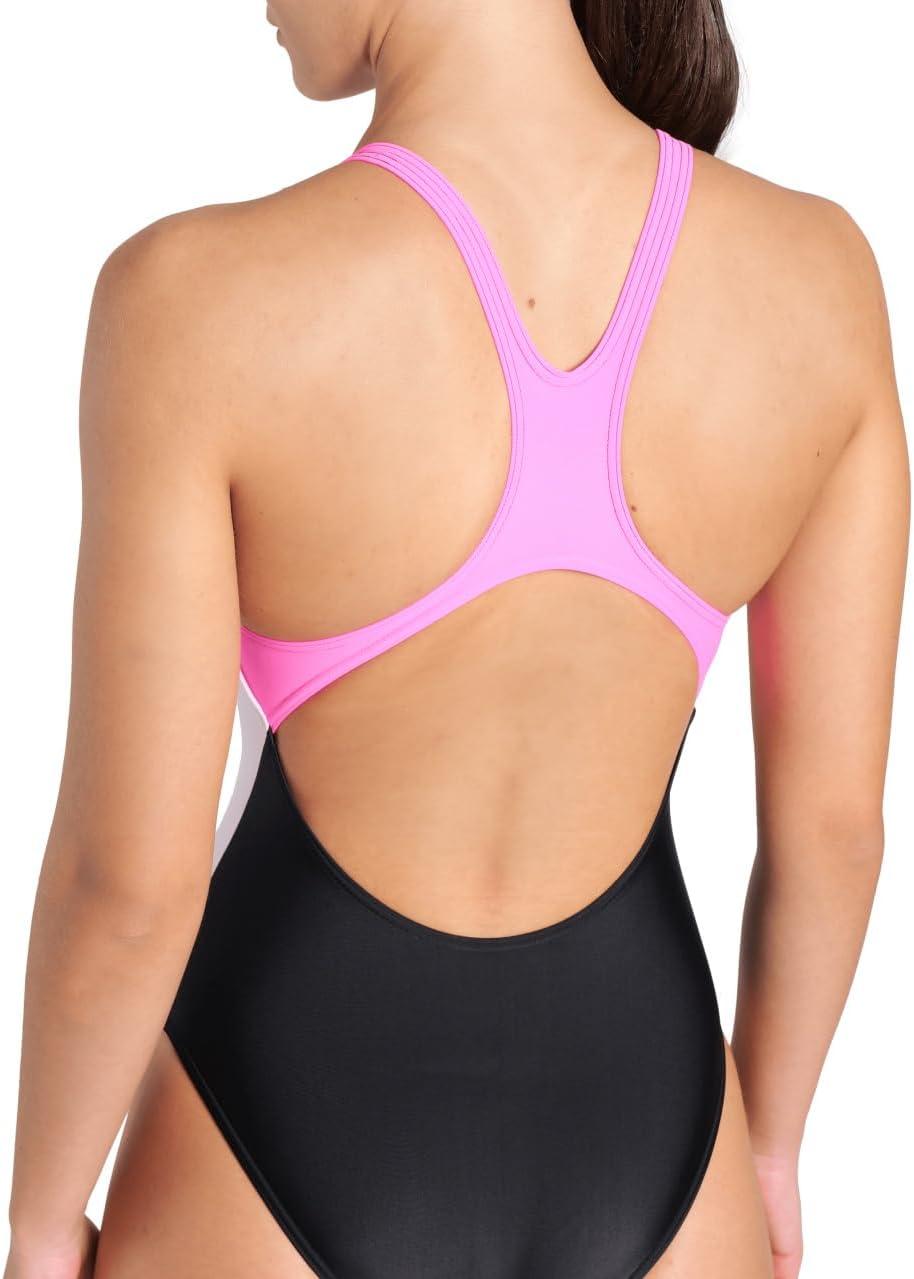 imageARENA Womens Feel Icons Stripe Swimsuit Swim Pro Back Ladies Pool Bathing SuitBlackShocking PinkWhite