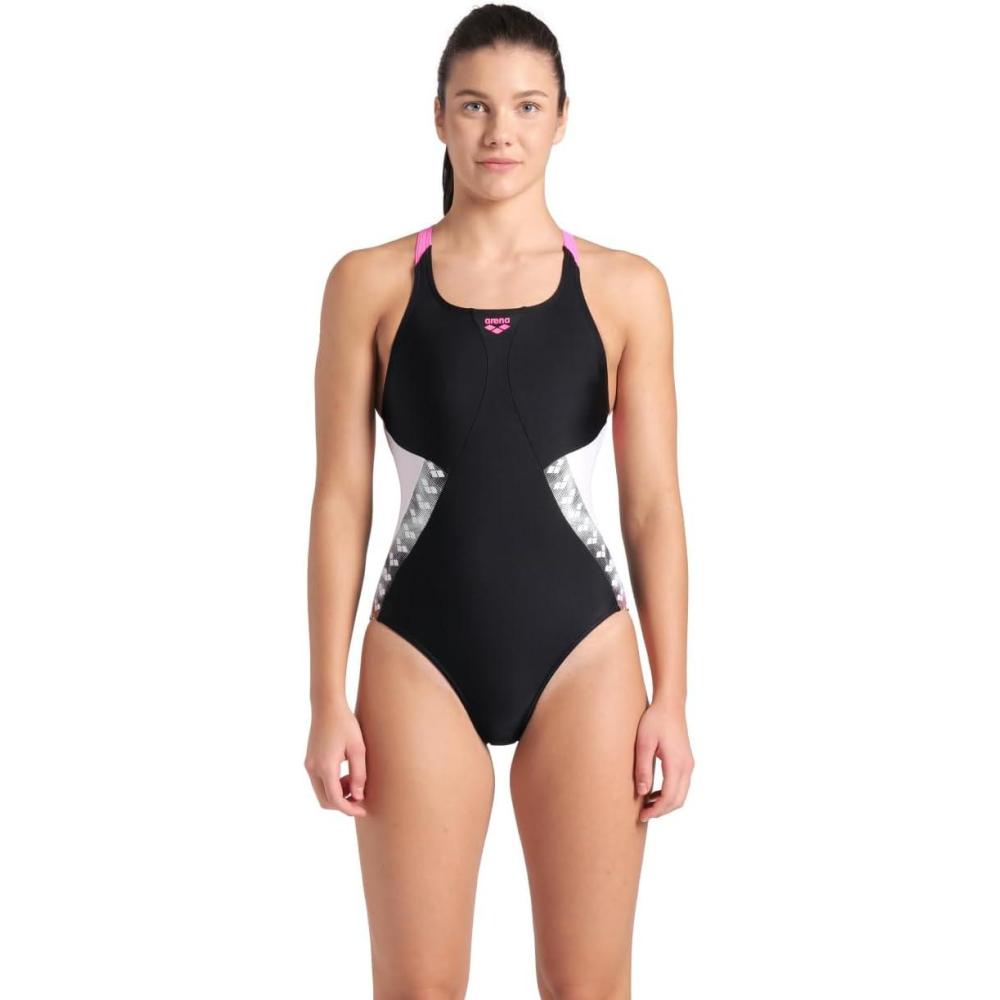 imageARENA Womens Feel Icons Stripe Swimsuit Swim Pro Back Ladies Pool Bathing SuitBlackShocking PinkWhite