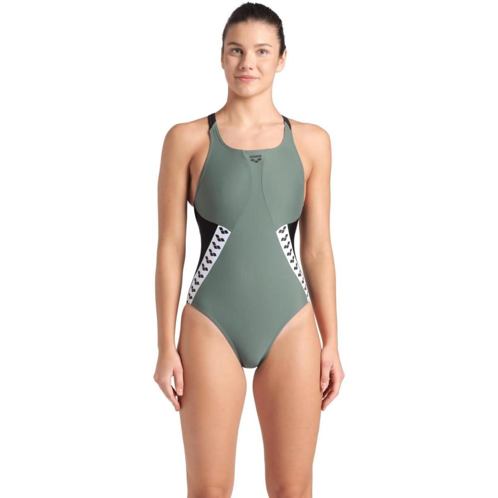 imageARENA Womens Feel Icons Stripe Swimsuit Swim Pro Back Ladies Pool Bathing SuitSageBlackBlack Multi