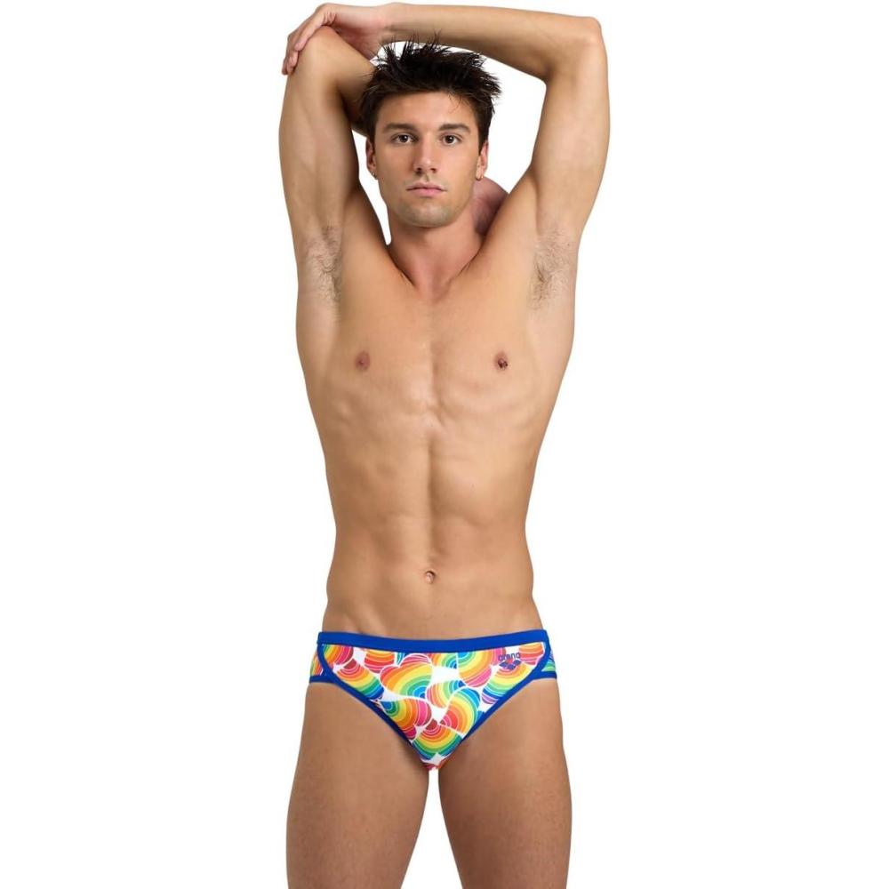 imageArena Performance Mens Pride Swim Brief Chlorine Resistant MaxLife Athletic Practice Swimsuit Training Bathing Suit SwimmersNeon BlueWhite Multi