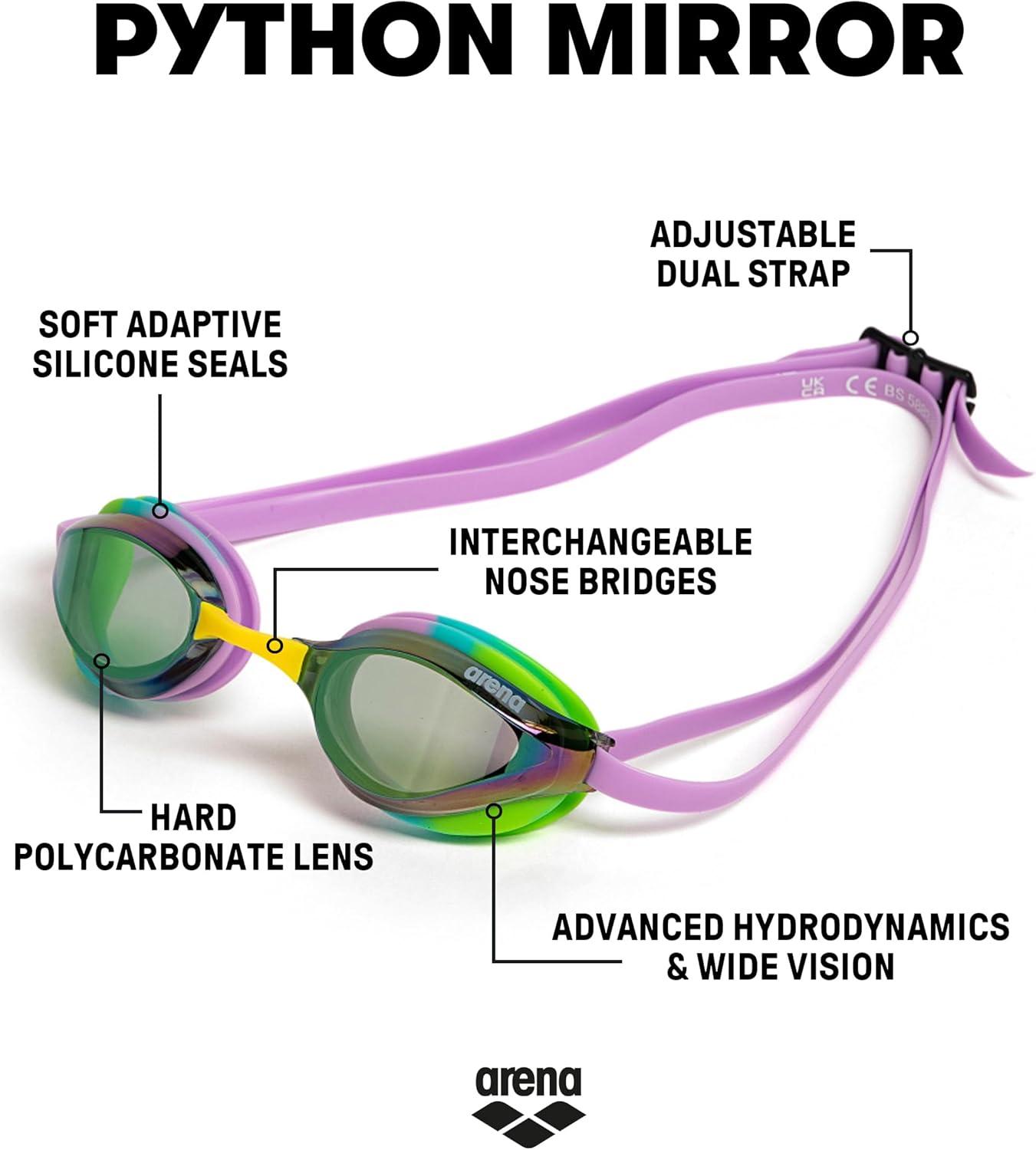 imageARENA Unisex Python Racing Swim Goggles for Men and Women AntiFog No Leak Max Comfort Dual Strap MirrorNonMirror LensGreenvioletgreen