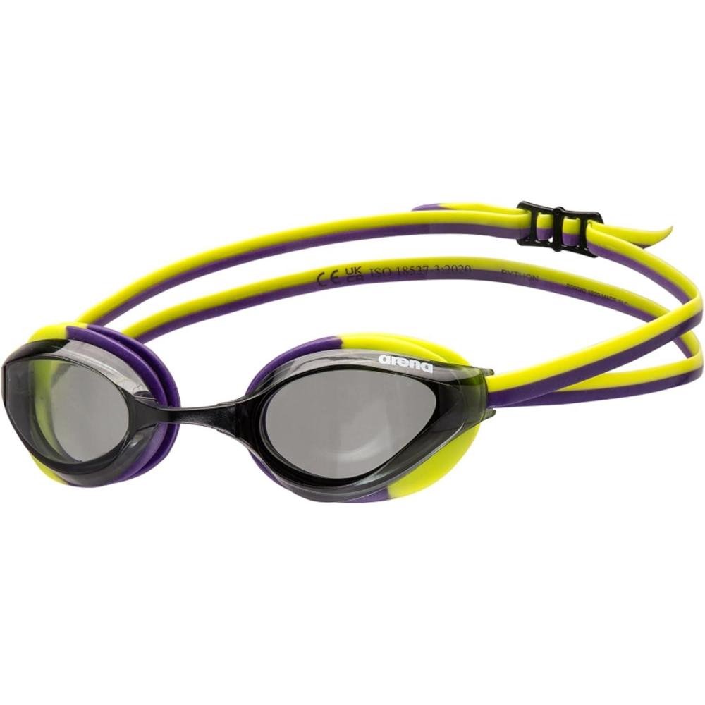 imageARENA Unisex Python Racing Swim Goggles for Men and Women AntiFog No Leak Max Comfort Dual Strap MirrorNonMirror LensSmokePlumArctic Lime