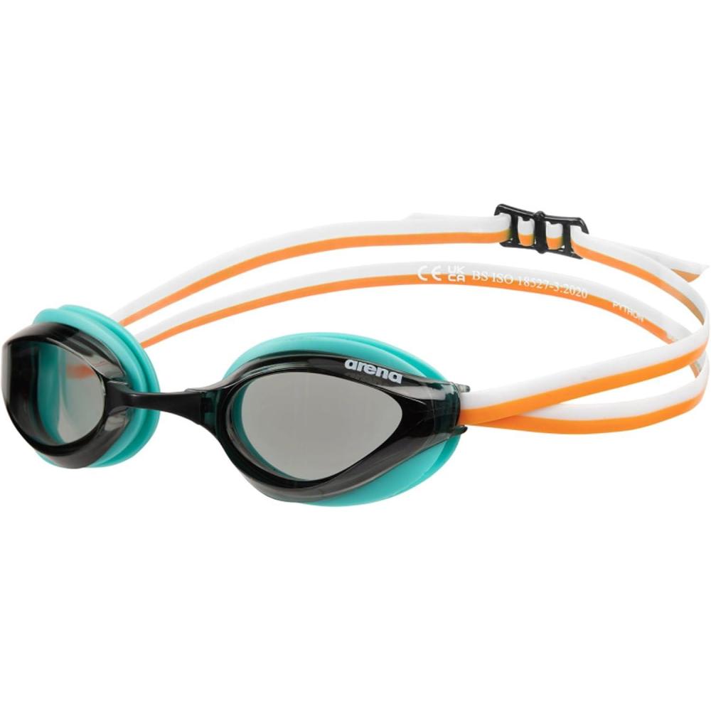 imageARENA Unisex Python Racing Swim Goggles for Men and Women AntiFog No Leak Max Comfort Dual Strap MirrorNonMirror LensSmokewatermango