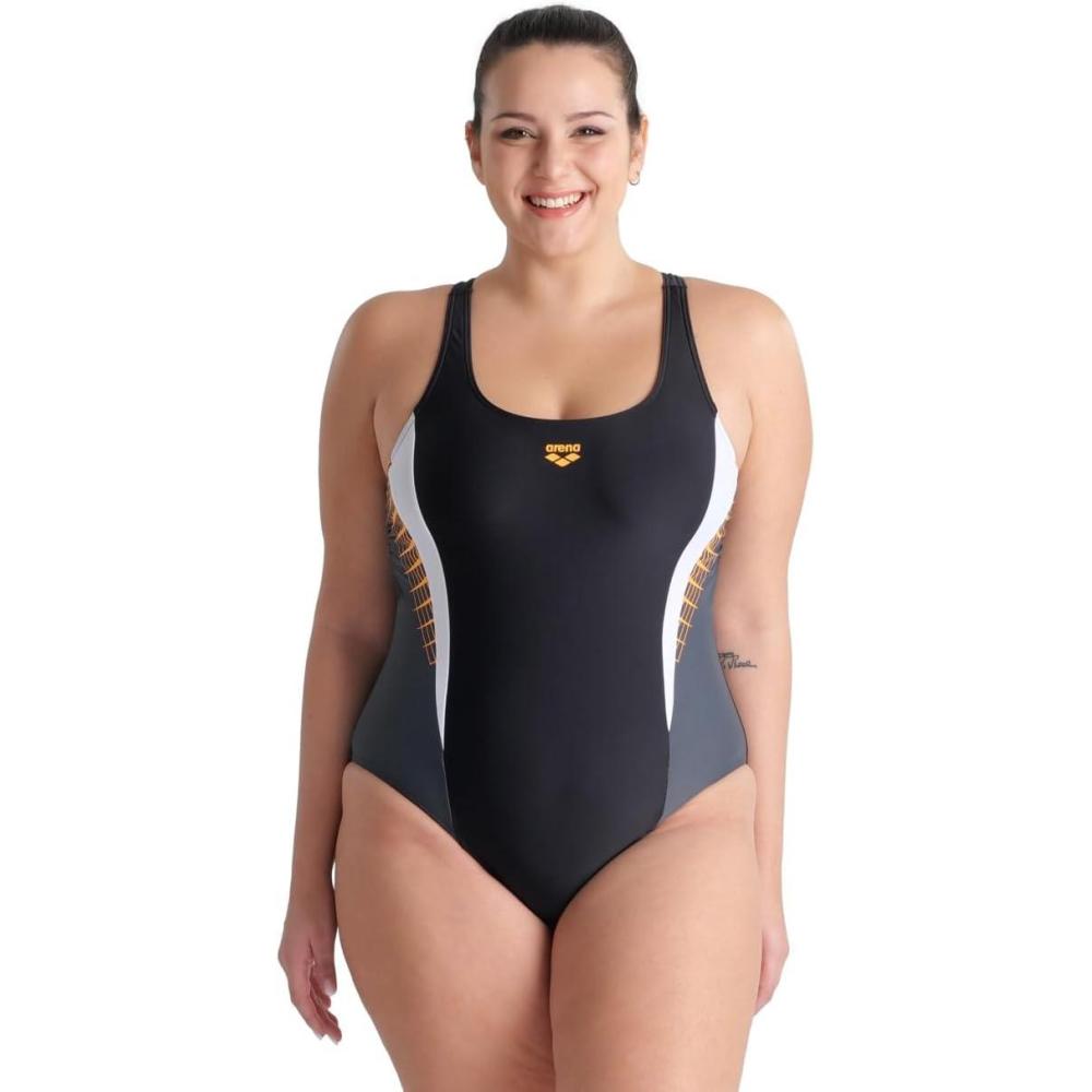 imageArena Feel Womens Threefold V Back Plus Size One Piece Swimsuit Chlorine Resistant Waterfeel Fabric Bathing SuitBlackAsphaltWhite