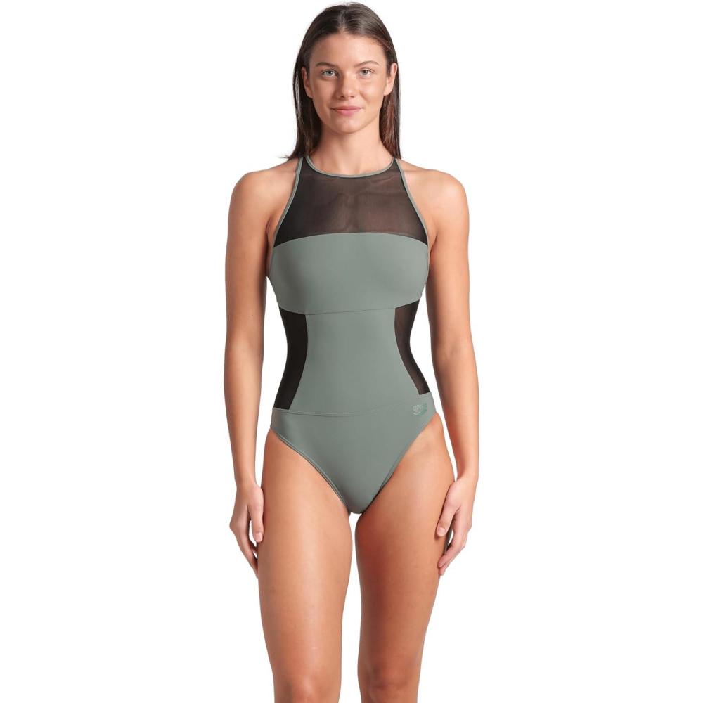 imageArena Womens Arena Feel Womens Mesh Panel Swim Pro Back Swimsuit Stylish Ladies Bathing SuitSage Green