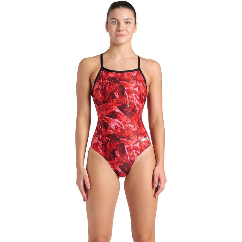 imageArena Womens Arena Performance Womens Crackle Team Print Light Drop Back Ladies Bathing SwimsuitBlackTeam Red
