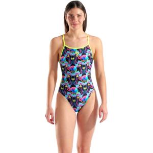 Arena Womens Arena Performance Women’s Multi Chameleons Lace Back Swimsuit Sports Bathing Suit(Multi Black/Arctic Lime)