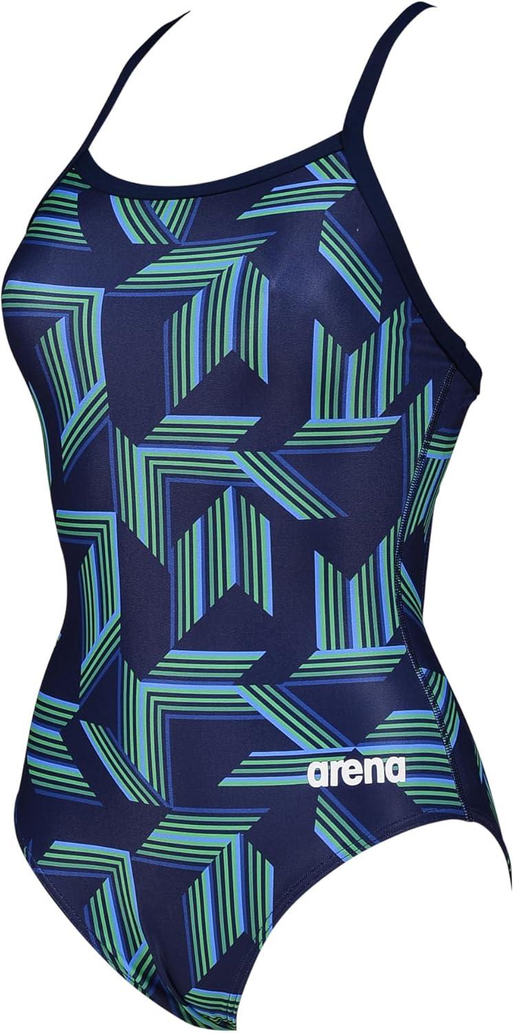 imageARENA Performance Girls Puzzled Team Print Light Drop Back Youth Bathing SwimsuitNavySoft Green Multi