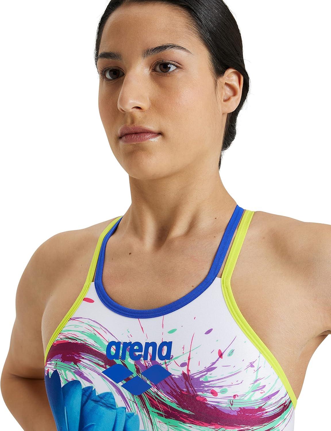 imageARENA Womens One Biglogo One Piece Fl Swim SuitWhiteSoft GreenNeon Blue