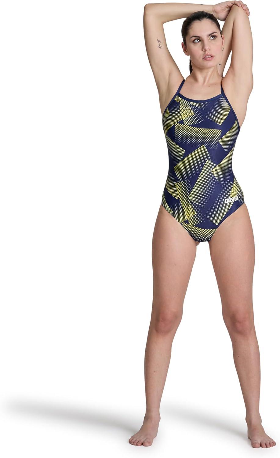 imageArena Womens Arena Performance Womens Halftone Team Print Lightdrop Back Ladies Bathing SwimsuitNavyTeam Navy Yellow