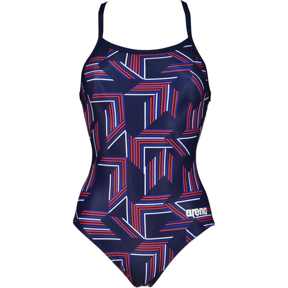 imageARENA Performance Girls Puzzled Team Print Light Drop Back Youth Bathing SwimsuitNavyRed Multi