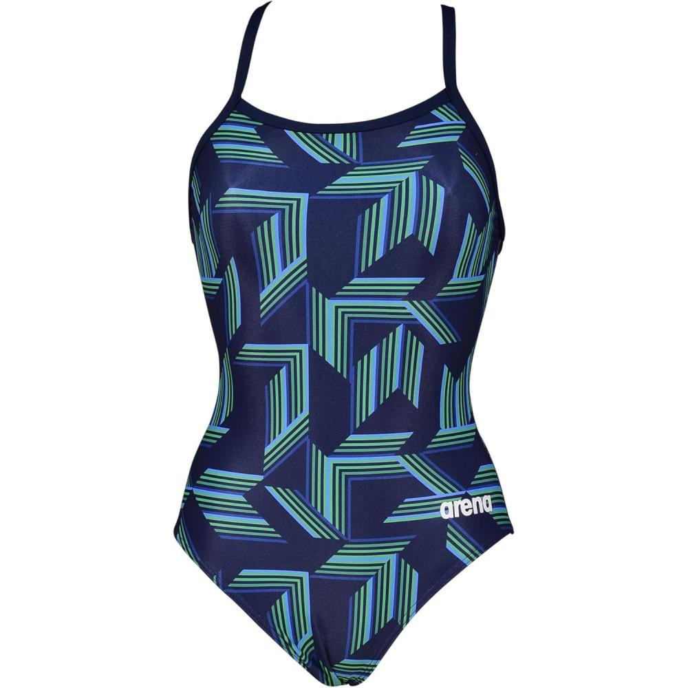 imageARENA Performance Girls Puzzled Team Print Light Drop Back Youth Bathing SwimsuitNavySoft Green Multi
