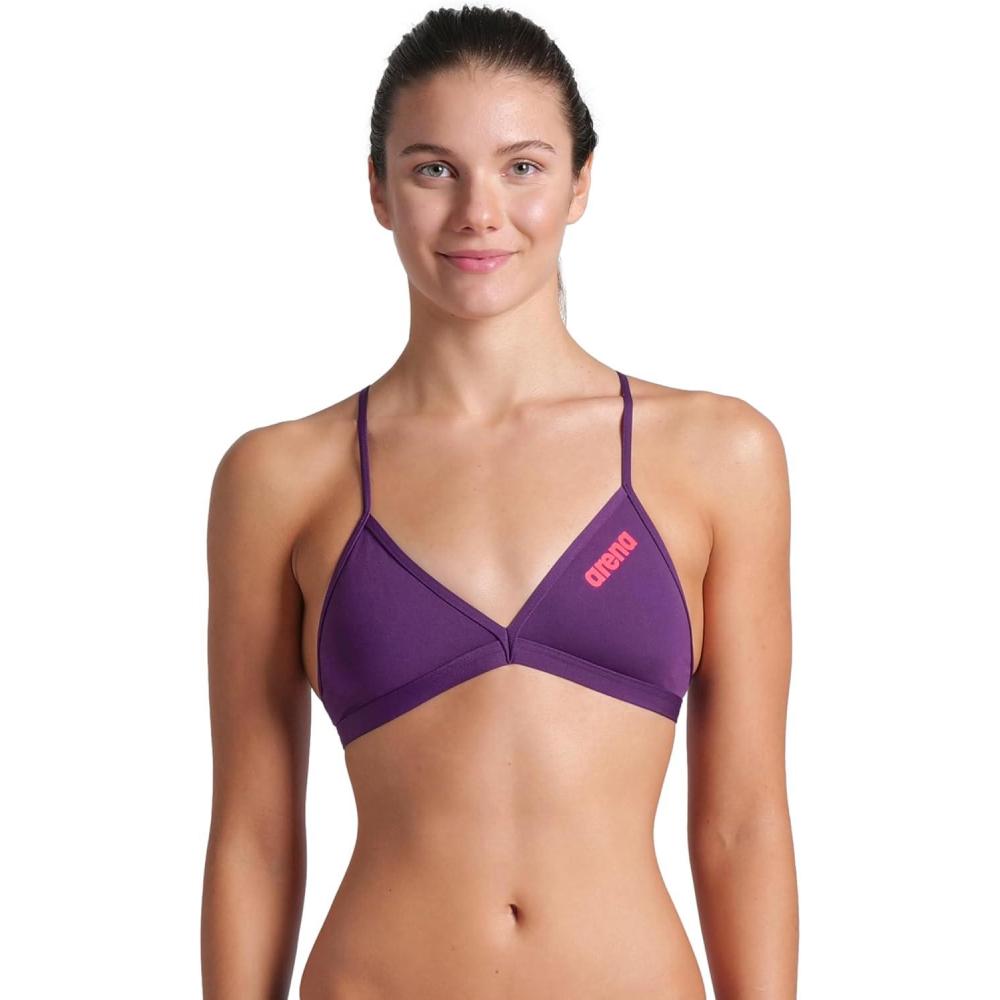 imageARENA Womens Team Solid Swim Top Tie Back Athletic Bikini Top Only Competitive Swimming Training Ladies Bathing SuitPlumBright Coral