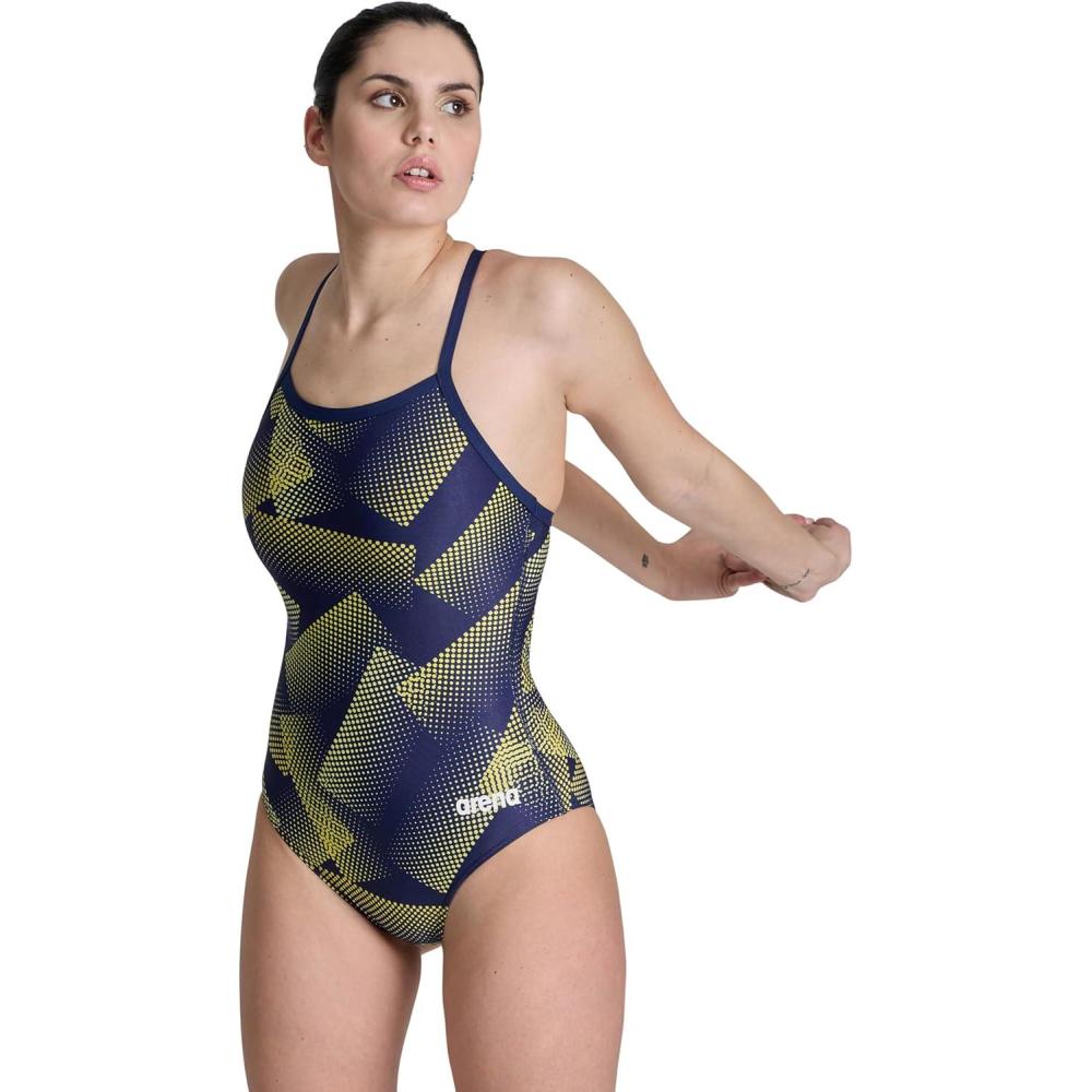 imageArena Womens Arena Performance Womens Halftone Team Print Lightdrop Back Ladies Bathing SwimsuitNavyTeam Navy Yellow