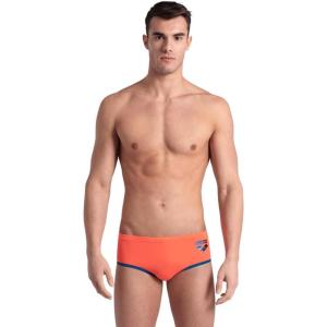 Arena One Men’s Big Logo Seamless Swim Brief MaxLife Pool Practice Athletic Swimsuit Short Training Bathing Suit Swimmers(Bright Coral/Blue Cosmo)