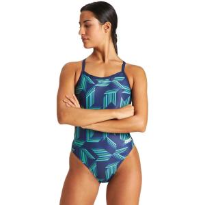 Arena Puzzled Print Women’s Challenge Back One Piece Swimsuit for Competitive or Casual Swim, Ladies Bathing Suit(Navy/Soft Green Multi)
