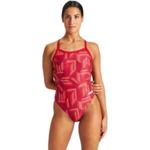 Arena Puzzled Print Women’s Challenge Back One Piece Swimsuit for Competitive or Casual Swim, Ladies Bathing Suit(Red/Red Multi)