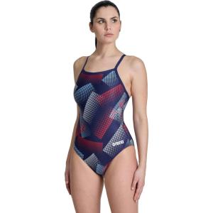 Arena Womens Arena Performance Women’s Halftone Team Print Lightdrop Back Ladies Bathing Swimsuit(Navy/Team Red White Blue)