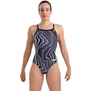 Arena Womens Arena Performance Women’s Marbled Sports Swimsuit Light Drop Back Bathing Suit(Black/Black Multi)