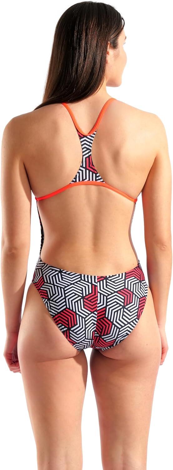 imageArena Womens Performance Geometry Booster Back Swimsuit Ladies Sports Bathing SuitMulti BlackBright Coral