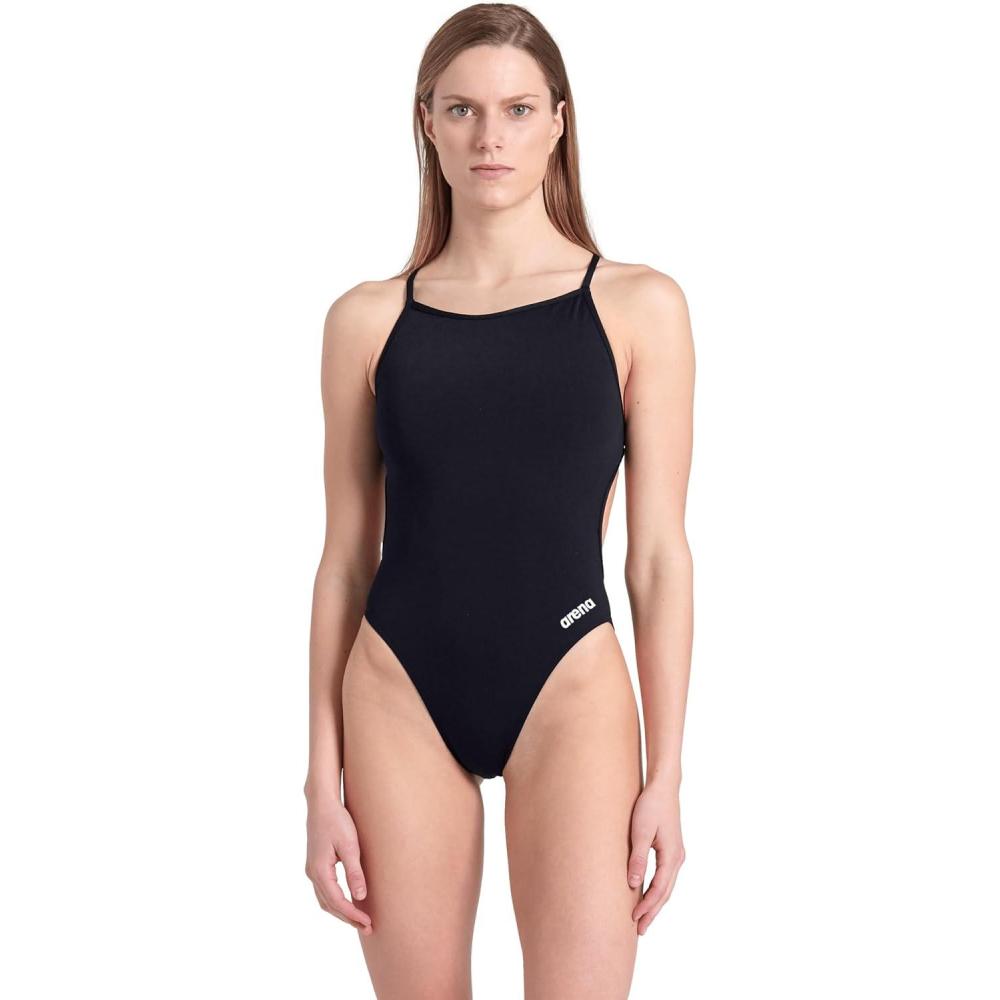 imageARENA Performance Womens Team Solid Lace Back Swimsuit One Piece Bathing SuitBlackWhite