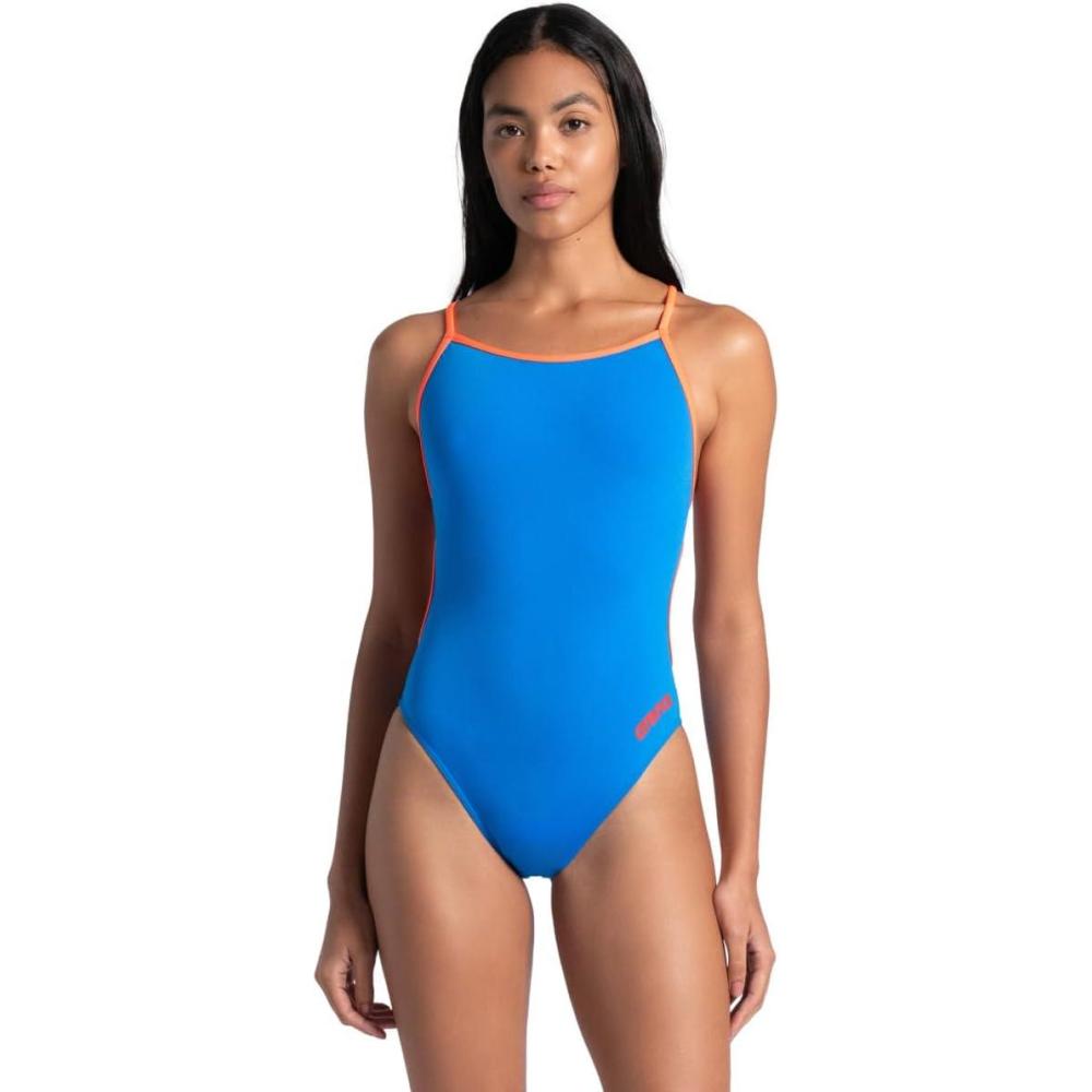 imageARENA Performance Womens Team Solid Lace Back Swimsuit One Piece Bathing SuitBlue RiverBright Coral