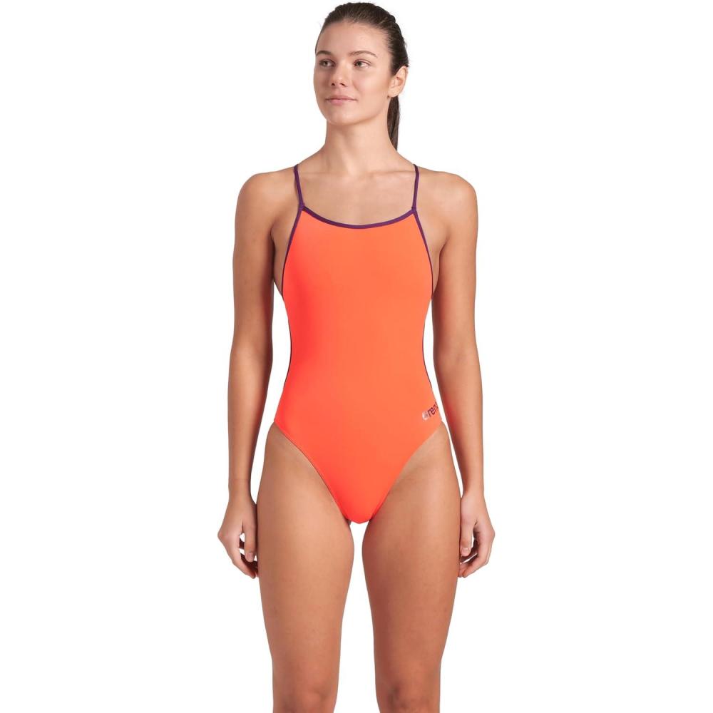 imageARENA Performance Womens Team Solid Lace Back Swimsuit One Piece Bathing SuitBright CoralPlum