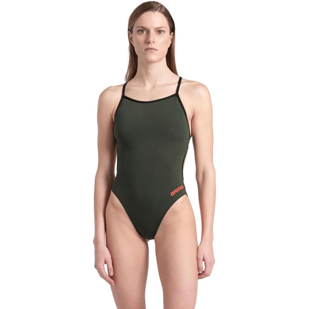 imageARENA Performance Womens Team Solid Lace Back Swimsuit One Piece Bathing SuitDark SageBlack