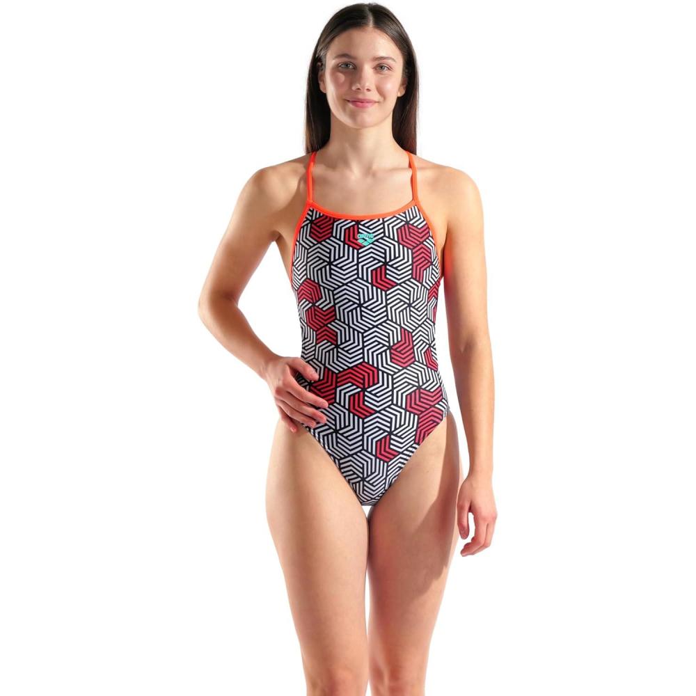 imageArena Womens Performance Geometry Booster Back Swimsuit Ladies Sports Bathing SuitMulti BlackBright Coral