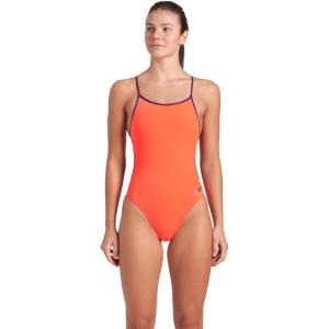 ARENA Performance Women’s Team Solid Lace Back Swimsuit One Piece Bathing Suit(Bright Coral/Plum)