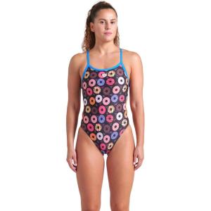 ARENA Women’s Performance Funny Prints Collection Donuts Challenge Back Swimsuit(Black Multi/Blue River)