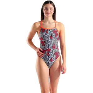 Arena Women’s Performance Geometry Booster Back Swimsuit Ladies Sports Bathing Suit(Multi Black/Bright Coral)