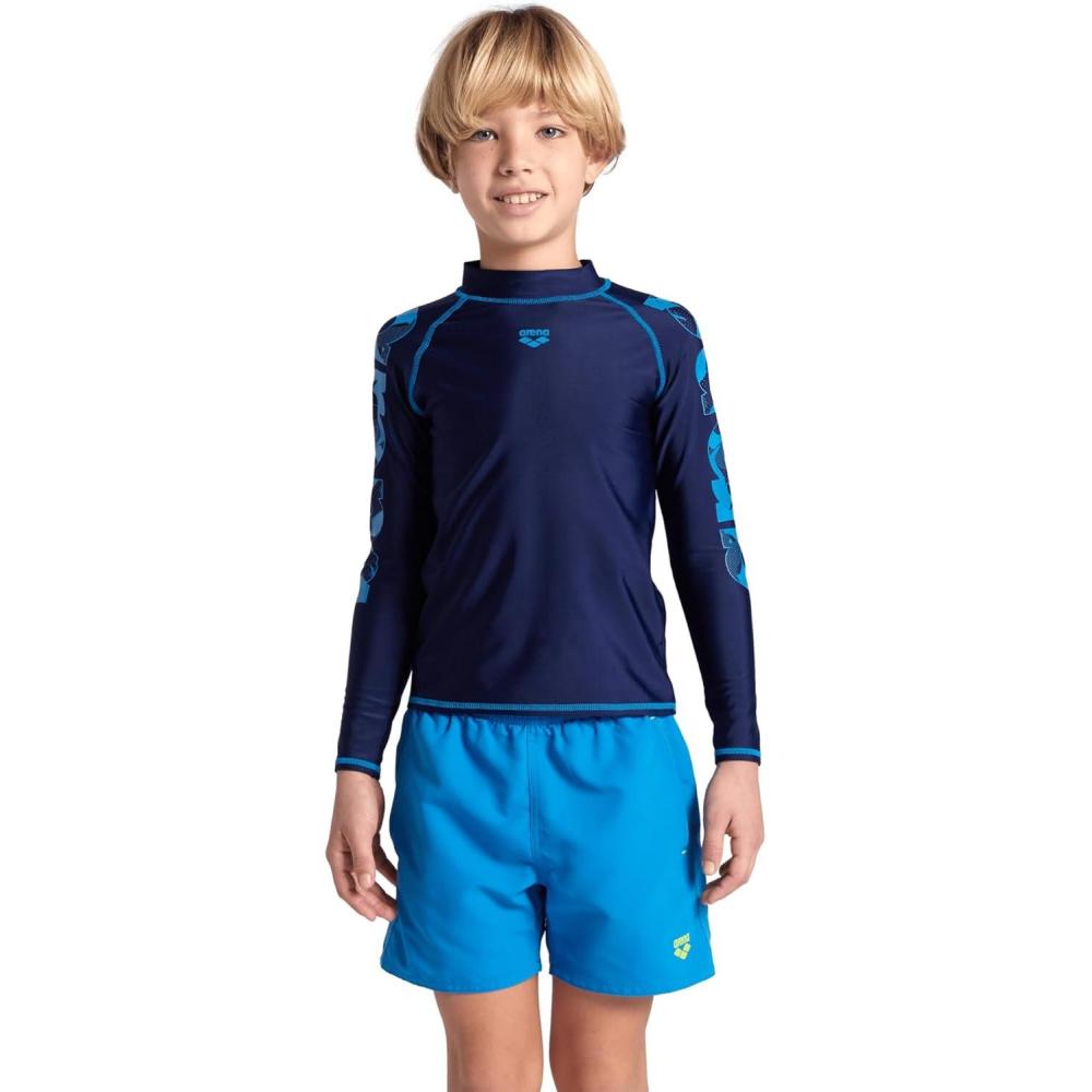 imageARENA Unisex Kids Rash Vest Graphic Print Long Sleeves Soft Swim Shirt with UV Sun Protection UPF 40 for Pool Beach SwimmingNavyTurquoise