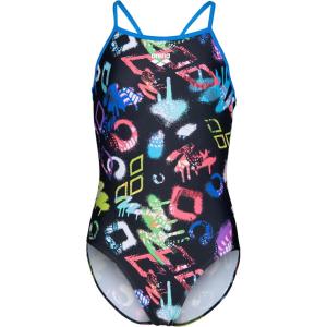 Arena Girls Arena Feel Graffiti Girls’ Light Drop Back Junior Swimsuit Kids Bathing Suit(Multi Black/Blue China)