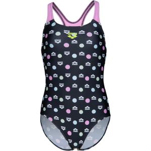 Arena Girls Arena Feel Multiple Dot Girls’ Swim Pro Back Junior Swimsuit Kids Bathing Suit(Multi Black/Pink Orchid)