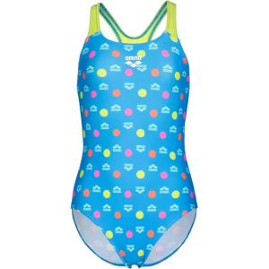 Arena Girls Arena Feel Multiple Dot Girls’ Swim Pro Back Junior Swimsuit Kids Bathing Suit(Multi Blue/Arctic Lime)