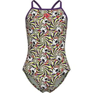 Arena Girls Performance Fun Skulls Lightdrop Back Athletic One Piece Pool Swimsuit(Multi Black/Plum)