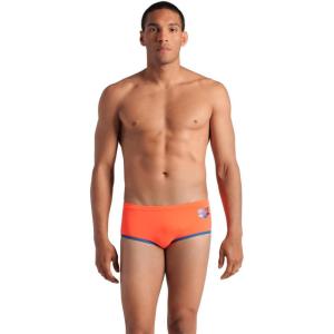 Arena Mens Arena One Men’s Big Logo Low-Waist Swim Short Pool Practice Athletic Swimsuit(Bright Coral/Blue Cosmo)