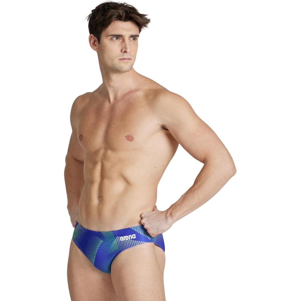 imageARENA Mens Swim Brief Halftone Team Print MaxLife Athletic Swimwear Professional Training Swimsuit Sports Bathing SuitTeam Blue Green