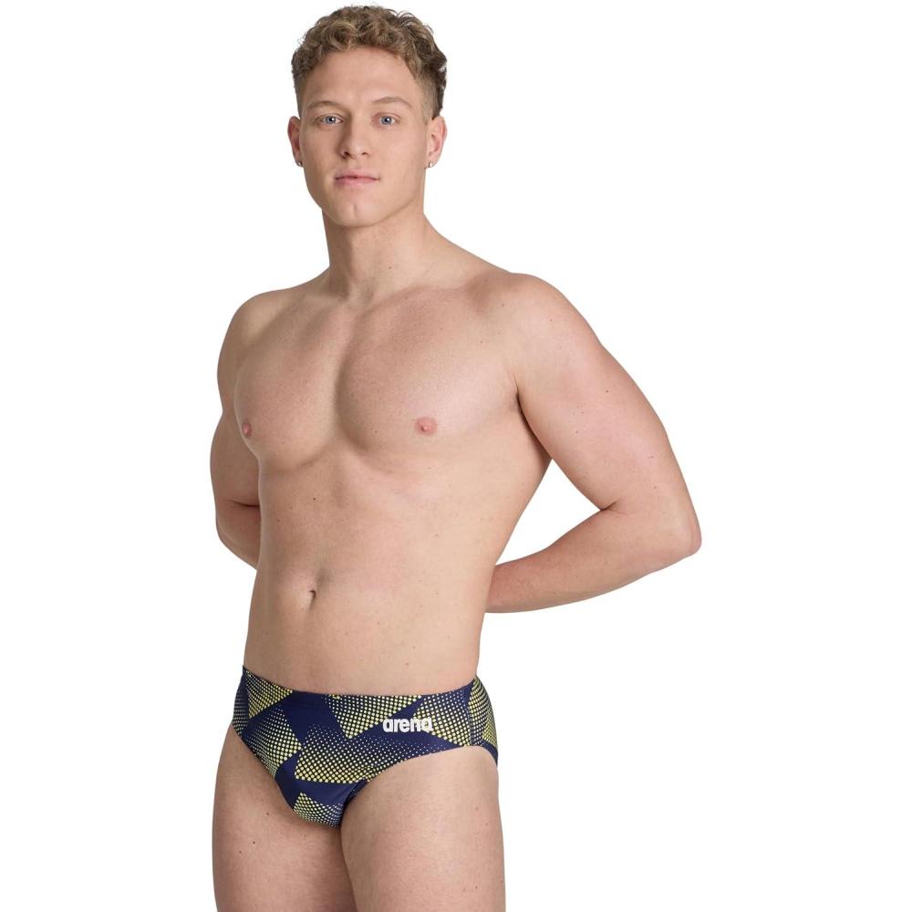 imageARENA Mens Swim Brief Halftone Team Print MaxLife Athletic Swimwear Professional Training Swimsuit Sports Bathing SuitTeam Navy Yellow