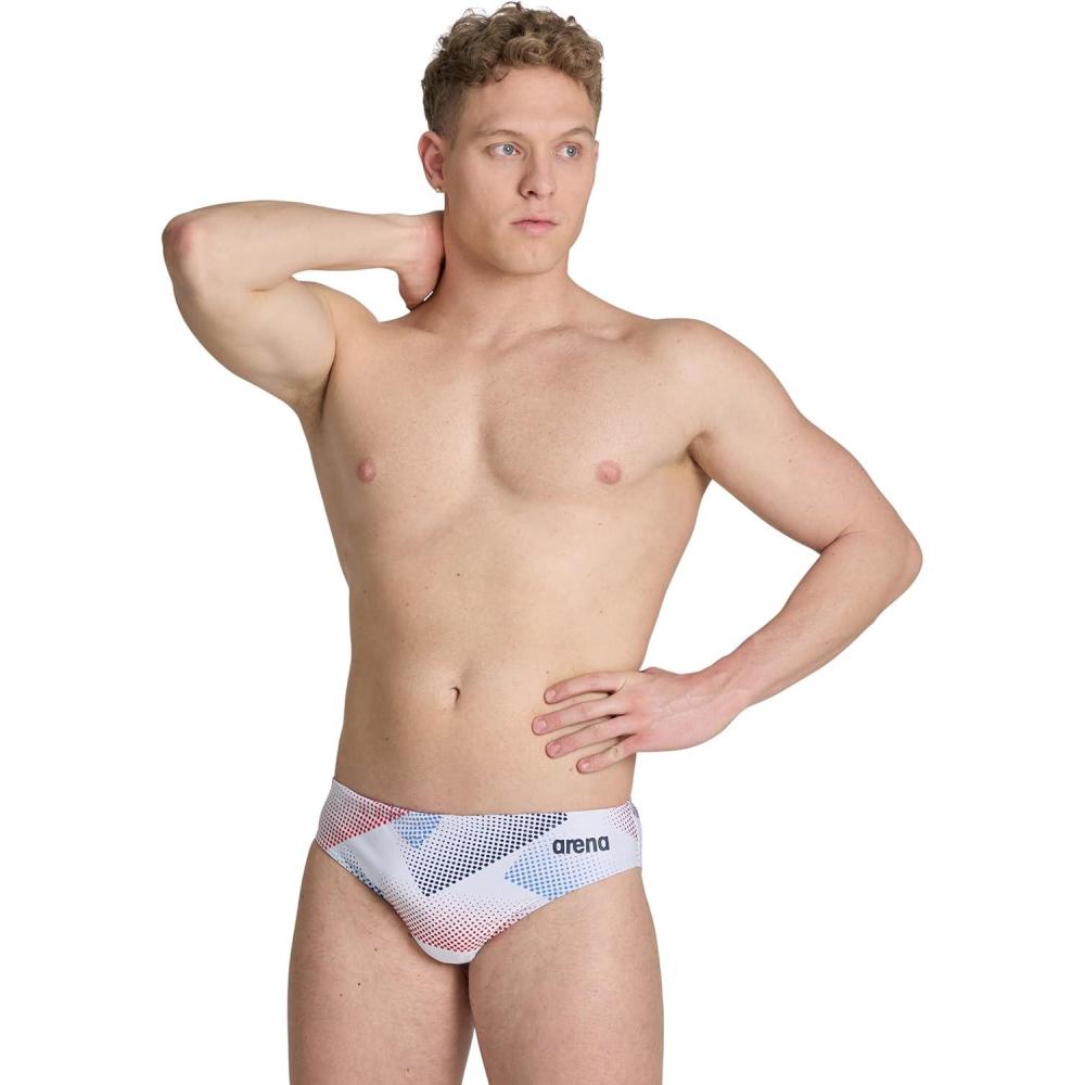 imageARENA Mens Swim Brief Halftone Team Print MaxLife Athletic Swimwear Professional Training Swimsuit Sports Bathing SuitWhiteMulti Navy