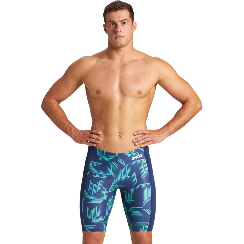 imageARENA Puzzled Athletic Swim Jammers for Men Competitive Racing Training Quick Dry Compression Chlorine Resistant SwimsuitNavySoft Green Multi